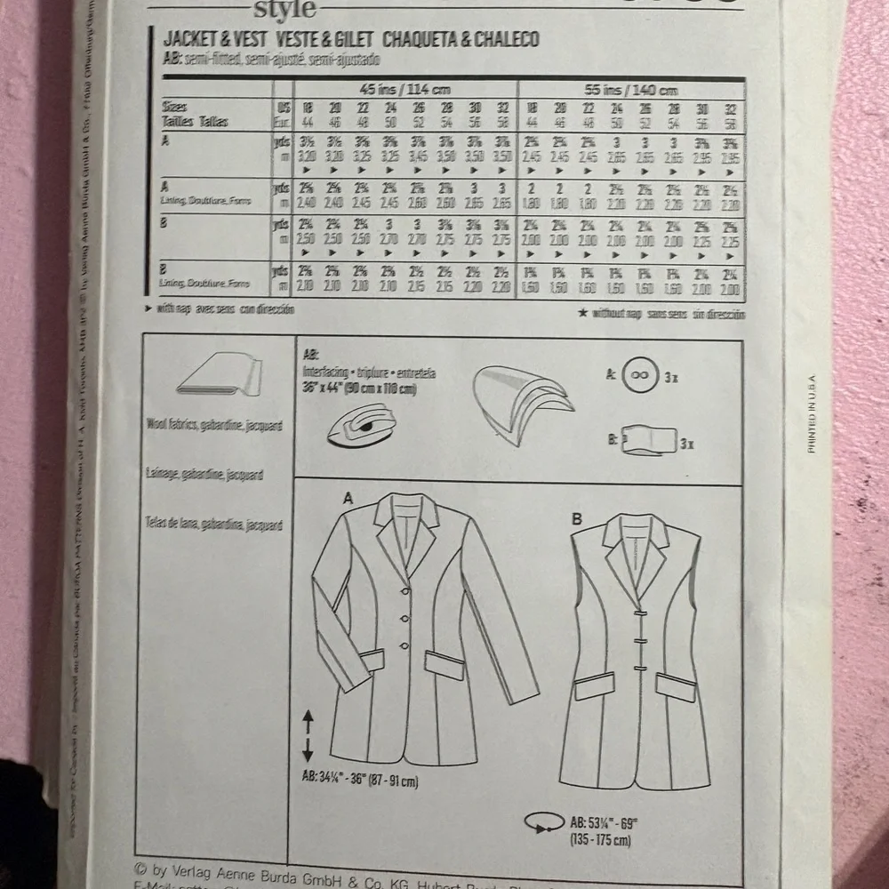 BN UNCUT BURDA 6783 JACKET & VEST SEWING PATTERN